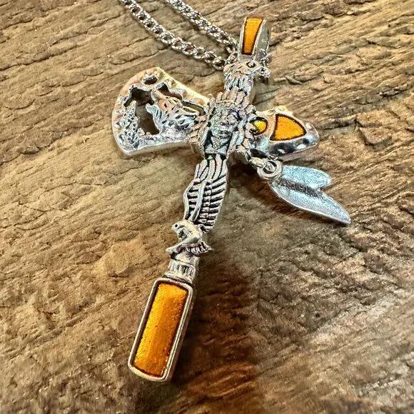 Navajo Style Indian Eagle Necklace With Mixed Metals On Adjustable 18 Inch Chain - Picture 2 of 6